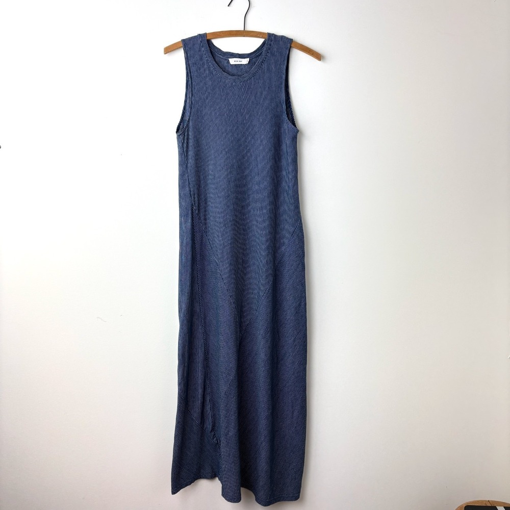 Mod Ref Linen Blend Maxi Dress Womens Small Navy Blue Striped Minimalist Coastal